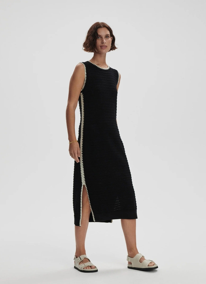 Varley Dwight Tank Knit Dress in Black/White Full Length Angled Side View