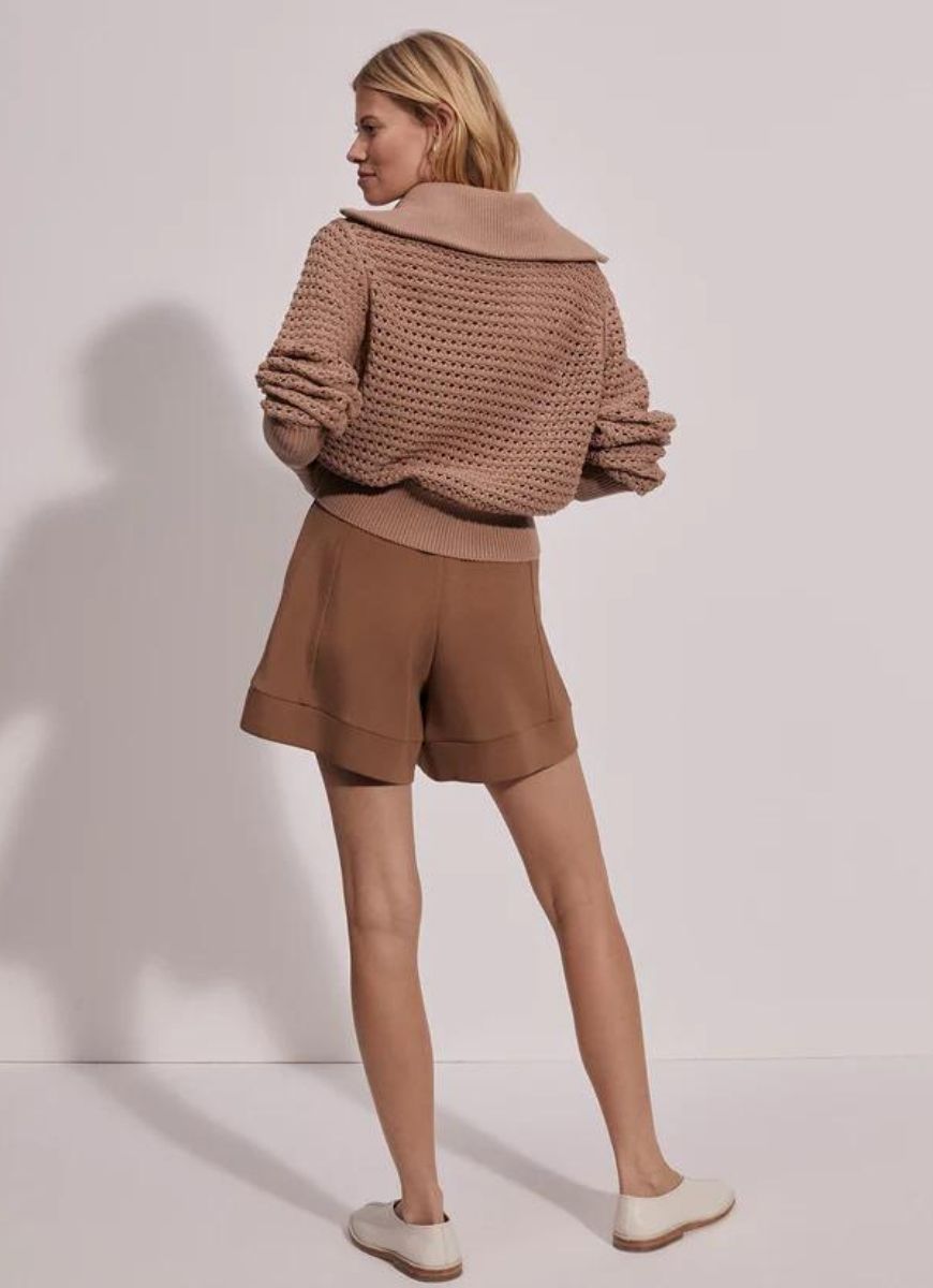 Varley Eloise Zip-Through Knit Top in Warm Taupe Full Back View