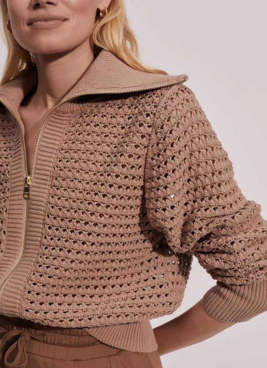 Varley Eloise Zip-Through Knit Top in Warm Taupe Close Up Front View