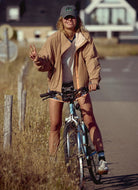 Free People Field Tripper Jacket in Light Camel Combo Front View Model Shown on a Bike