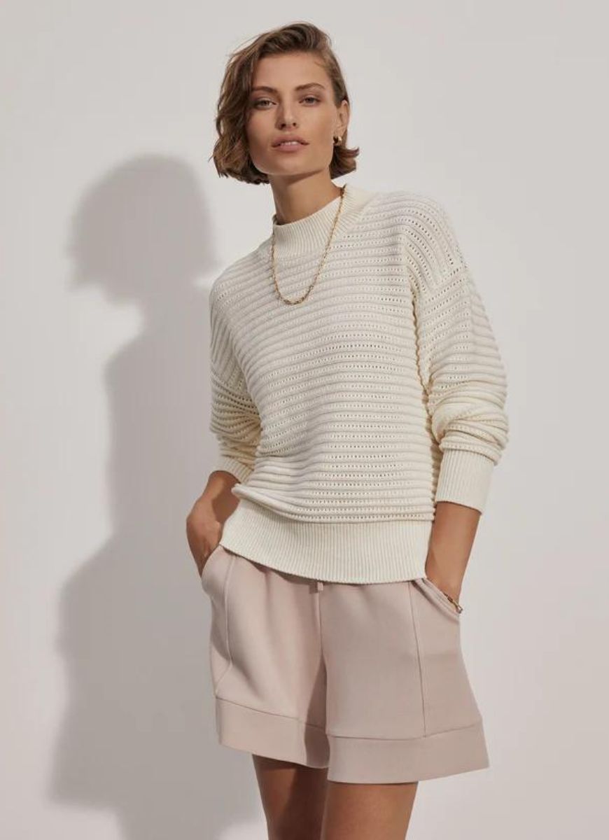 Varley Franco Knit Women's Crew Top in Egret Front View