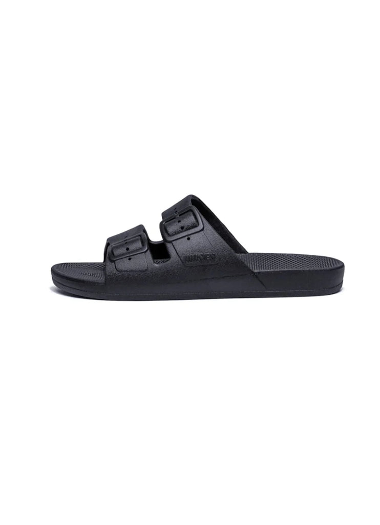 Freedom Moses Vegan Two Band Slide in Black Side View