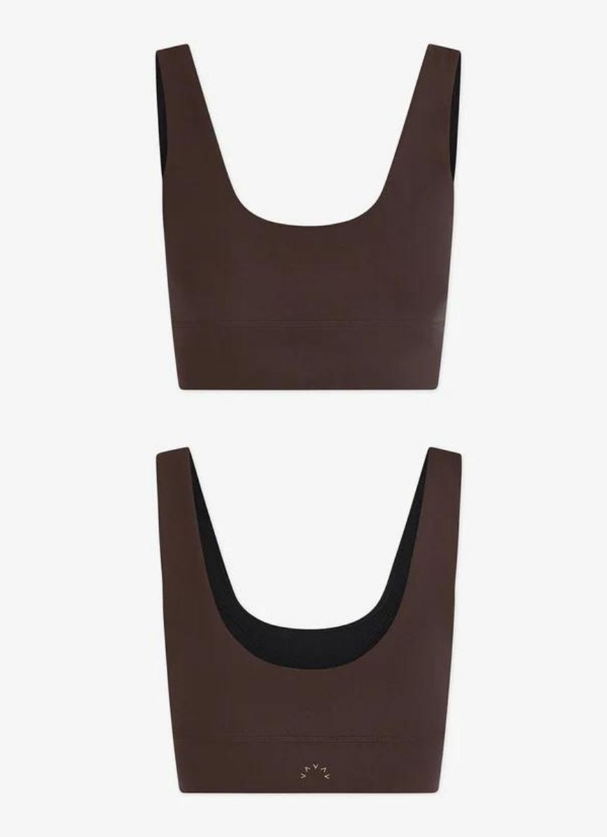 Varley FreeSoft Cori Sports Bra in Coffee Bean Flat Lay View Front and Back