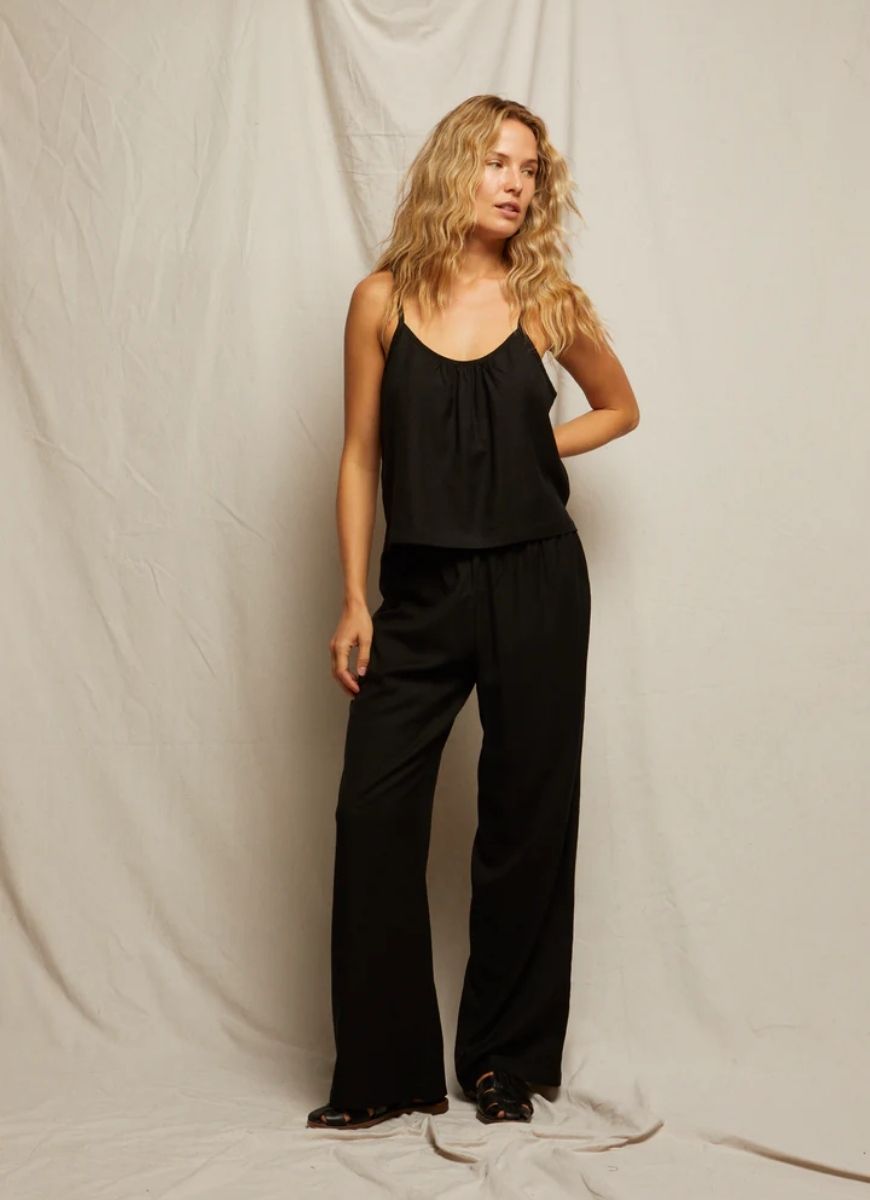 perfectwhitetee Georgette Woven Linen Pant in Black Full Length Front View