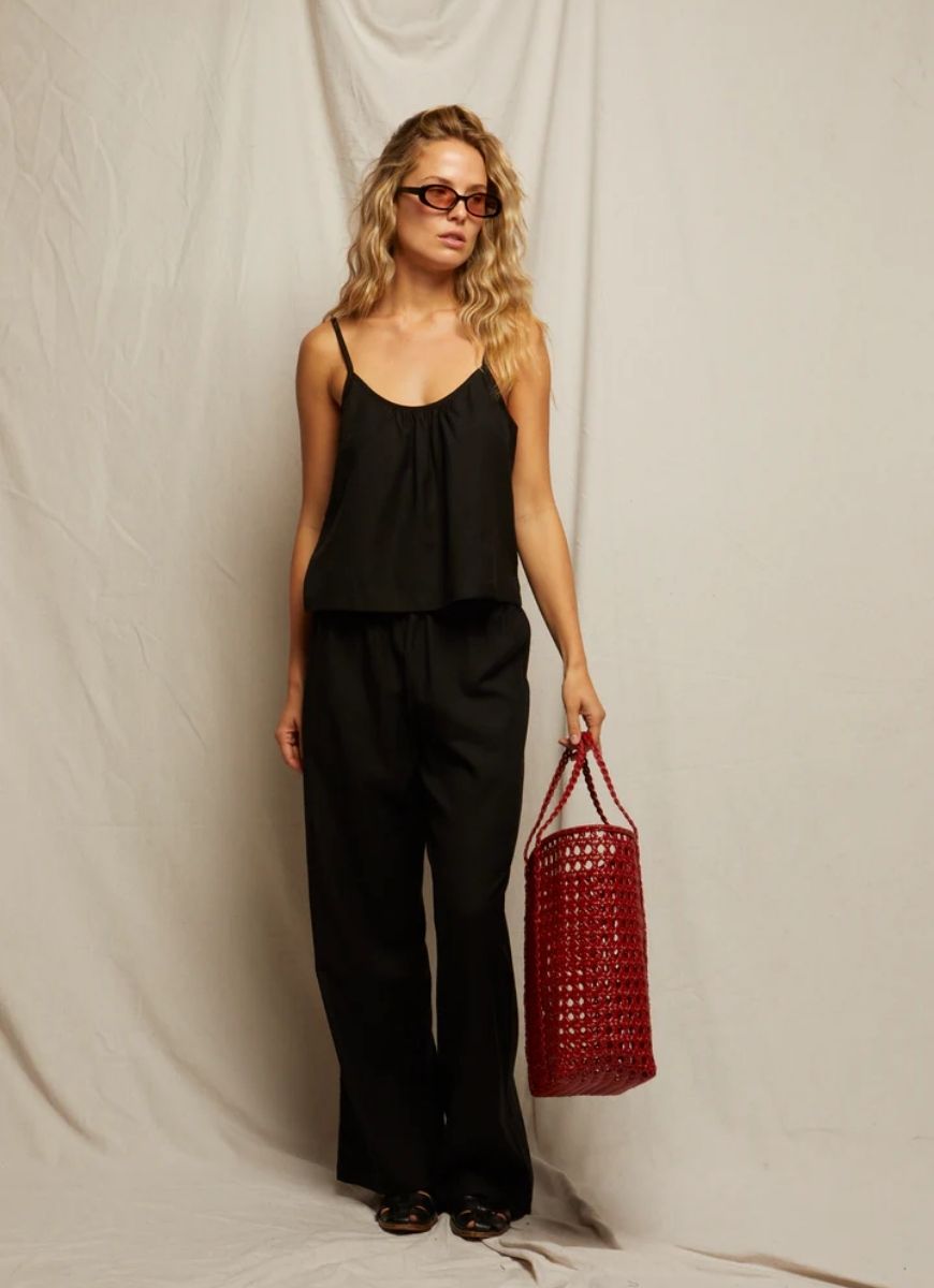 perfectwhitetee Georgette Woven Linen Pant in Black Front View