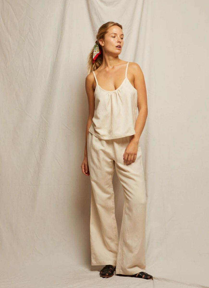 perfectwhitetee Georgette Woven Linen Pant in Sugar Full Length Front View