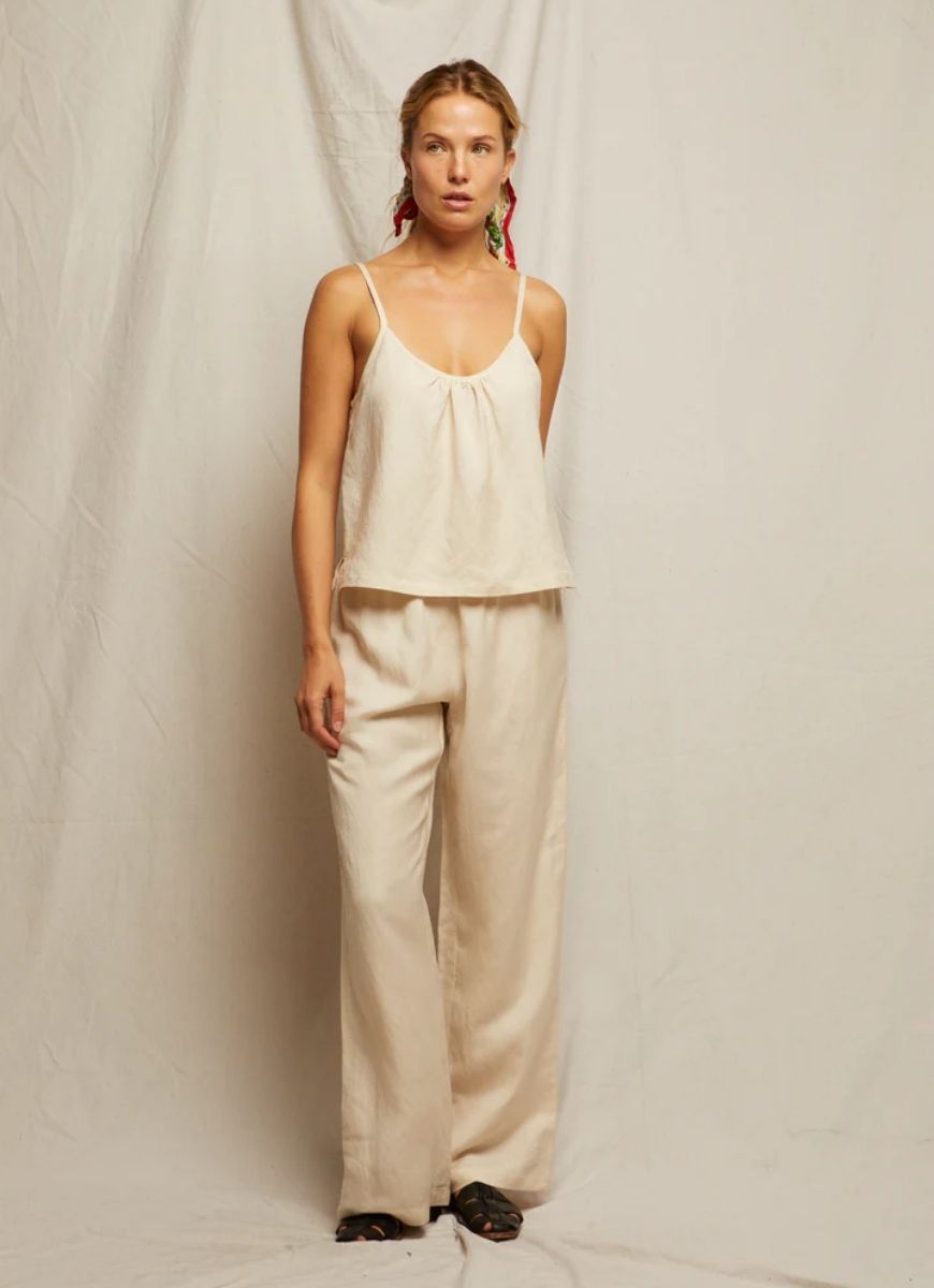 perfectwhitetee Georgette Woven Linen Pant in Sugar Front View