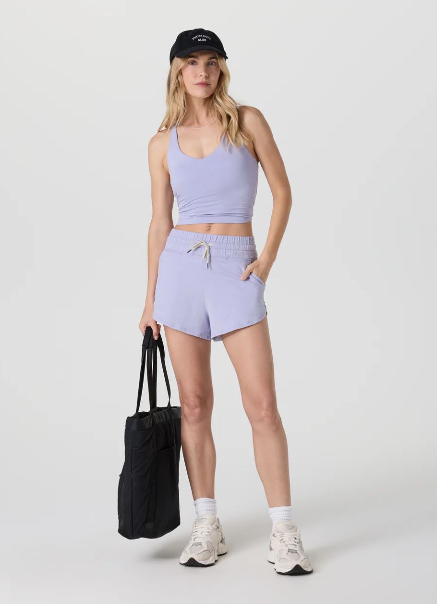 Vuori Women's Halo Performance Crop Tank 2.0 in Lavender Mist Heather Full Length Front View
