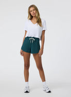 Vuori Women's Halo Performance Short 2.0 in Moss Heather Full Length Front View
