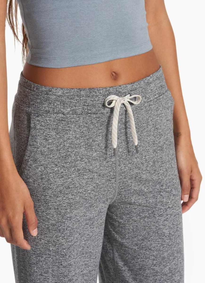 Vuori Women's Halo Essential Wideleg Pant in Heather Grey Close Up Front View of Drawstring