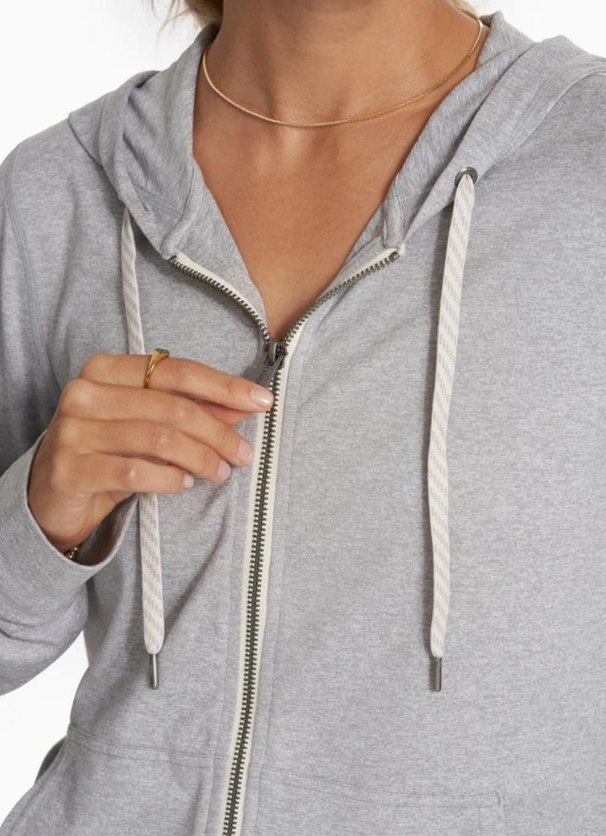 Vuori Women's Halo Performance Hoodie 2.0 in Pale Grey Heather Close Up Front View of Zipper