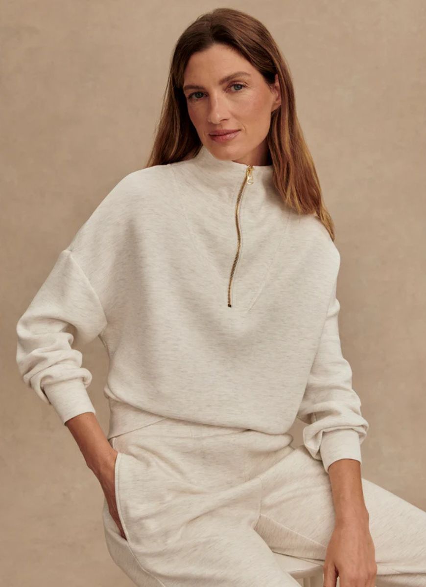 Varley Hawley Half Zip Sweat in Ivory Marl Front View