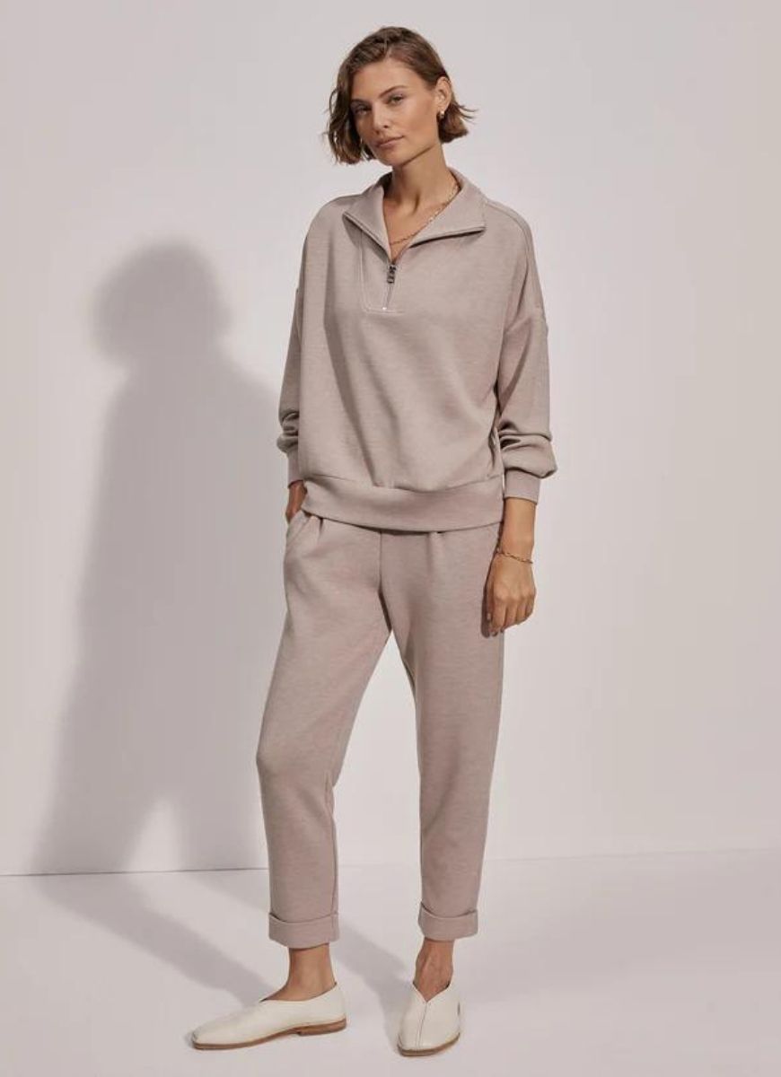 Varley Hawley Half-Zip Sweat in Taupe Marl Full Front View