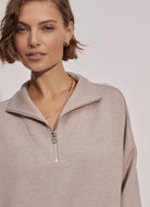 Varley Hawley Half-Zip Sweat in Taupe Marl Close Up Front View of Neckline