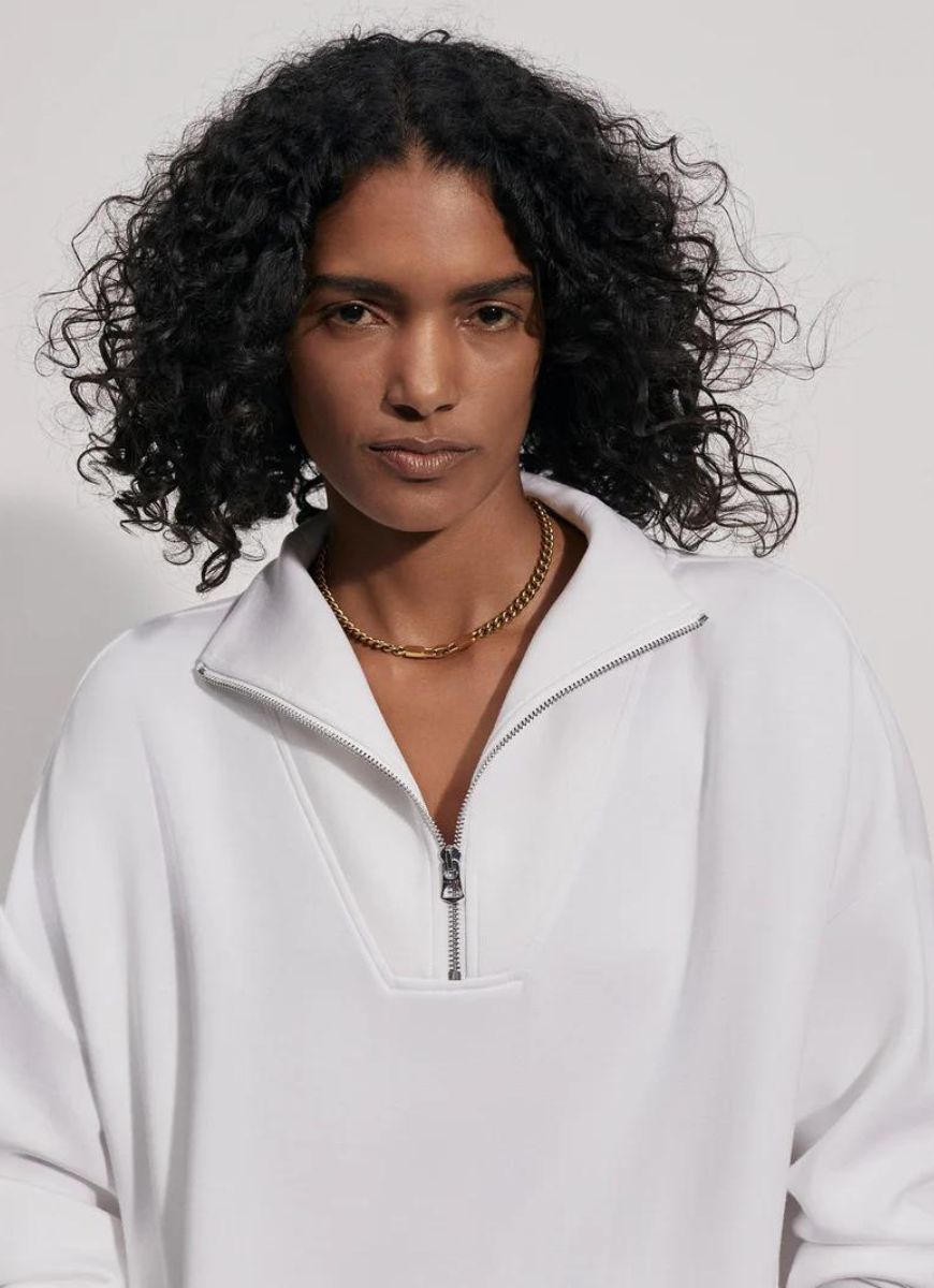Varley Hawley Half Zip Sweat in White Close Up Front View