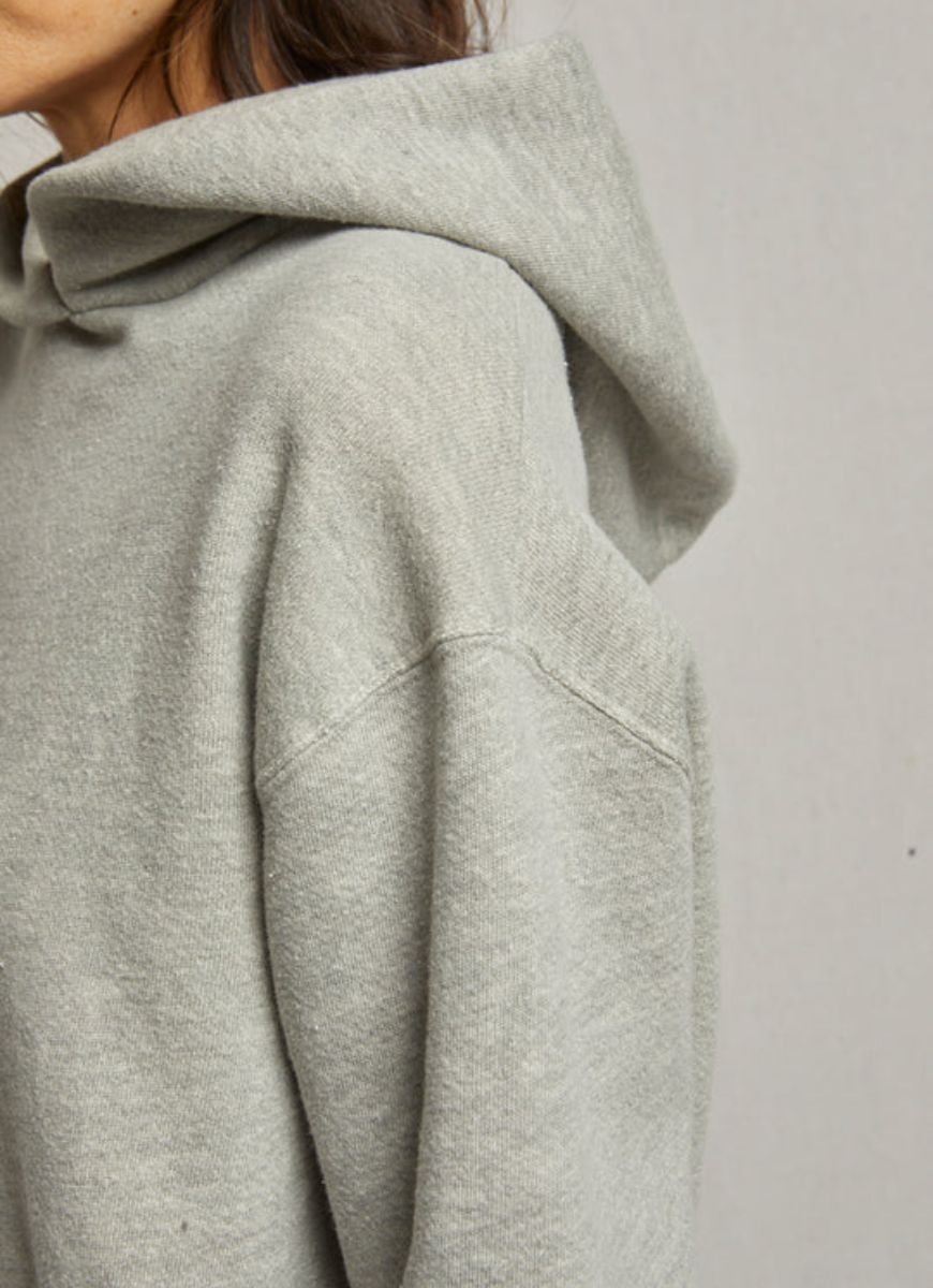 perfectwhitetee Heart Hoodie in Heather Grey Close Up Side View