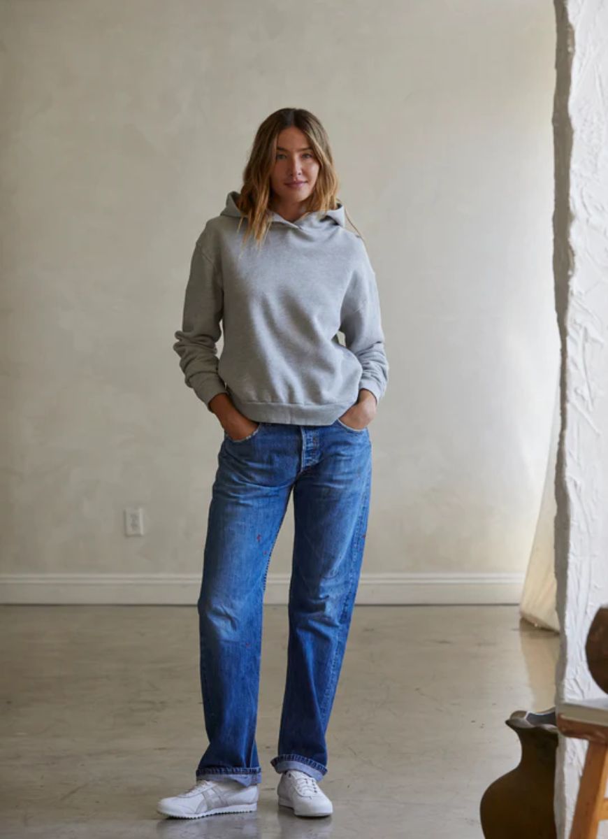 perfectwhitetee Heart Hoodie in Heather Grey Full Length Front View Model With Hands in Pockets