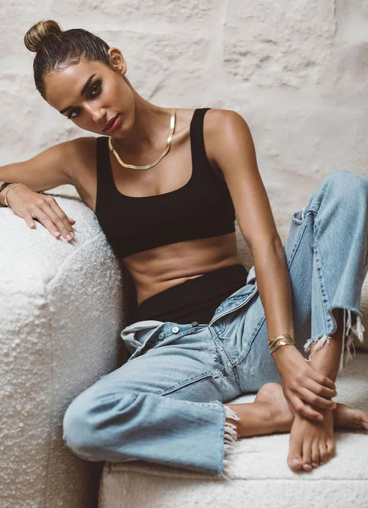 LDMA High Sculpt Bra Rib in Black Show on Model Wearing Jeans