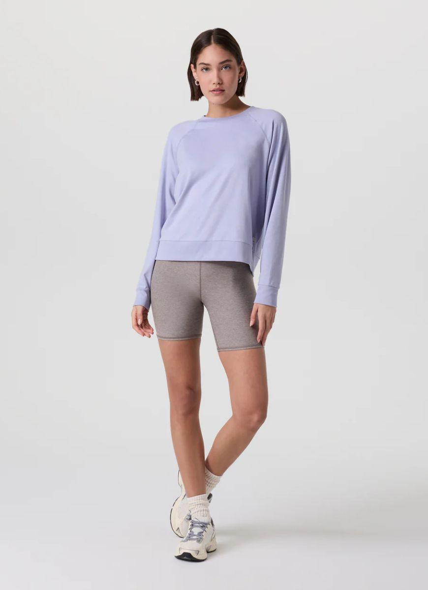 Vuori Long Sleeve Halo Crew in Lavender Mist Full Length Front View