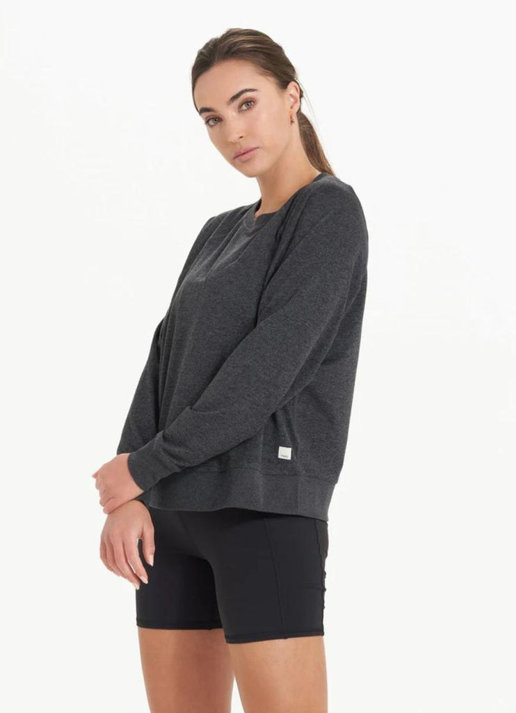 vuori Women's Long Sleeve Halo Crew in Charcoal Heather Side View