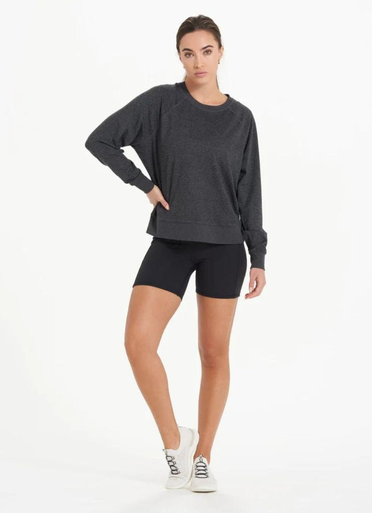 vuori Women's Long Sleeve Halo Crew in Charcoal Heather Full Front View