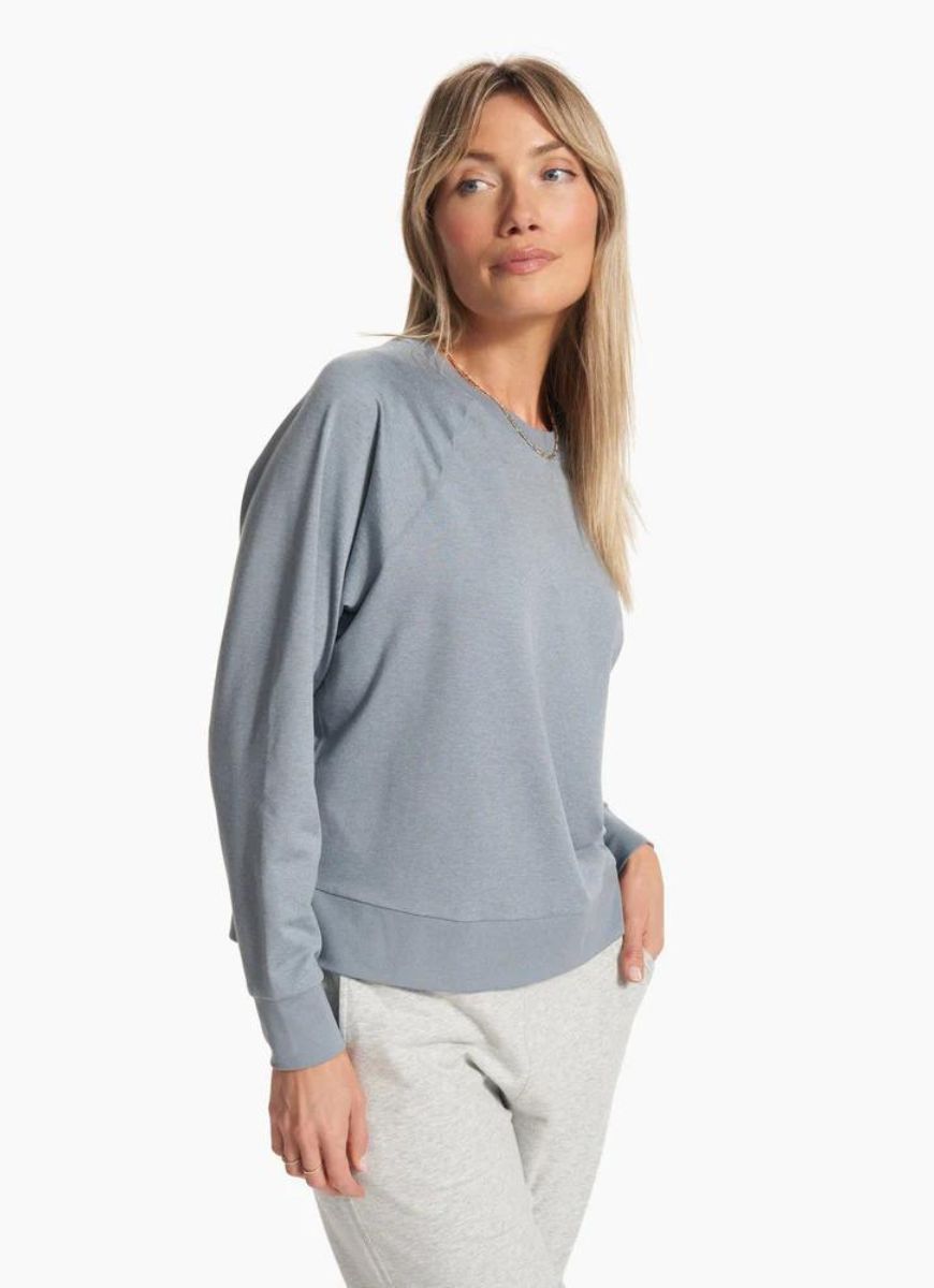 Vuori Long Sleeve Halo Women's Crew in Pale Grey Heather Angled Front View