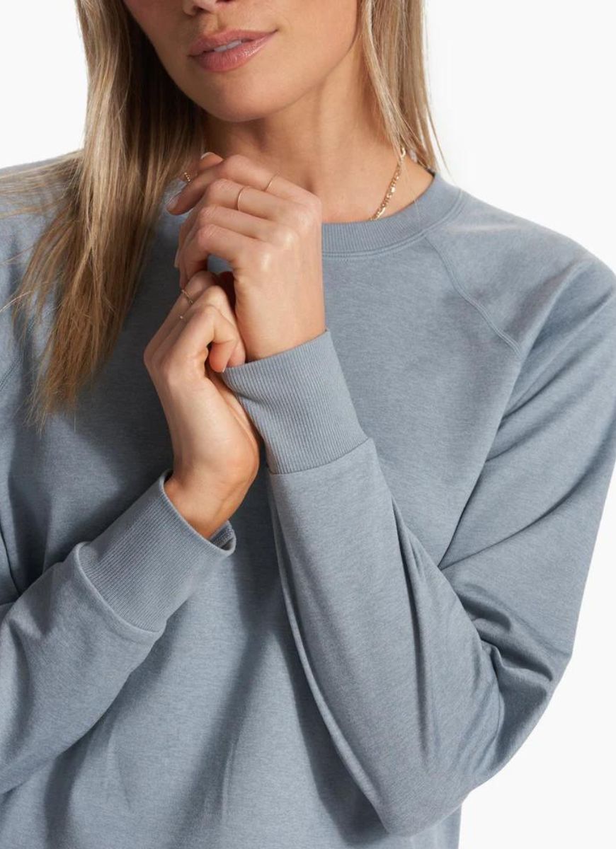 Vuori Long Sleeve Halo Women's Crew in Pale Grey Heather Close Up Front View