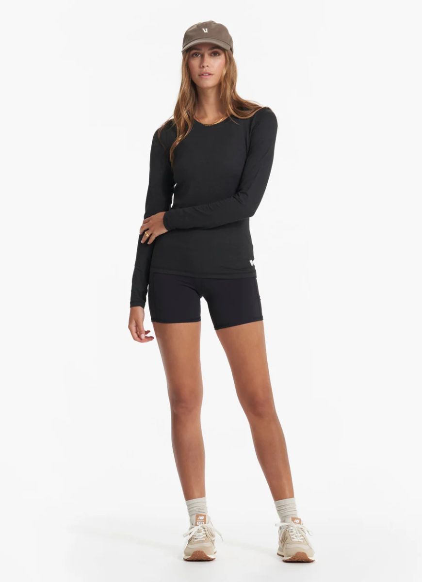 vuori Long Sleeve Luxe Crew in Black Heather Full Length Front View