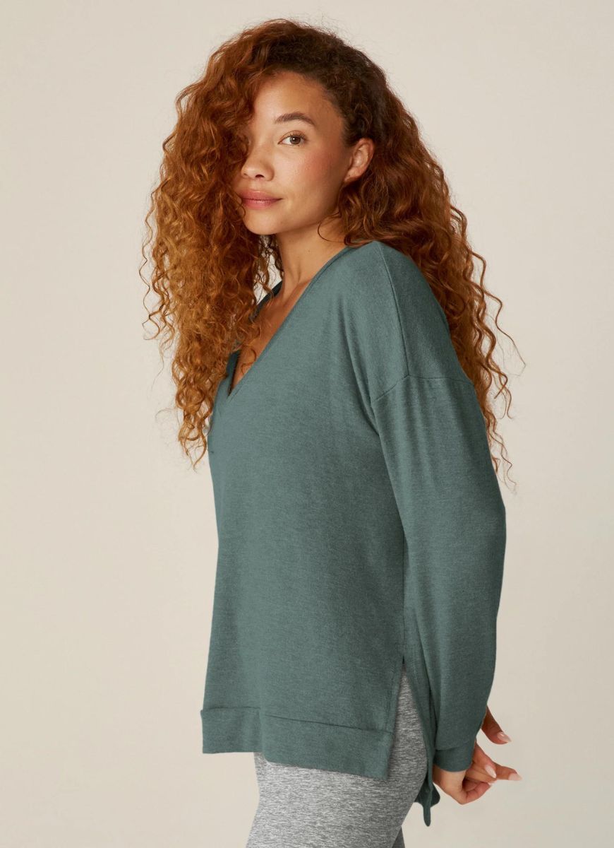 Beyond Yoga Long Weekend Lounge Pullover in Storm Side View