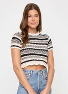 LSPACE Caicos Top in Caicos Stripe Model Showing Wearing Top With Jeans