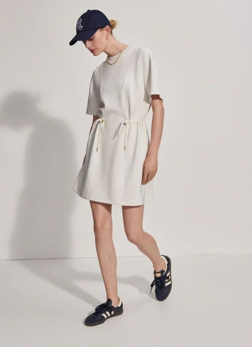 Varley Maple T-shirt Dress in Ivory Marl Full Length Front View