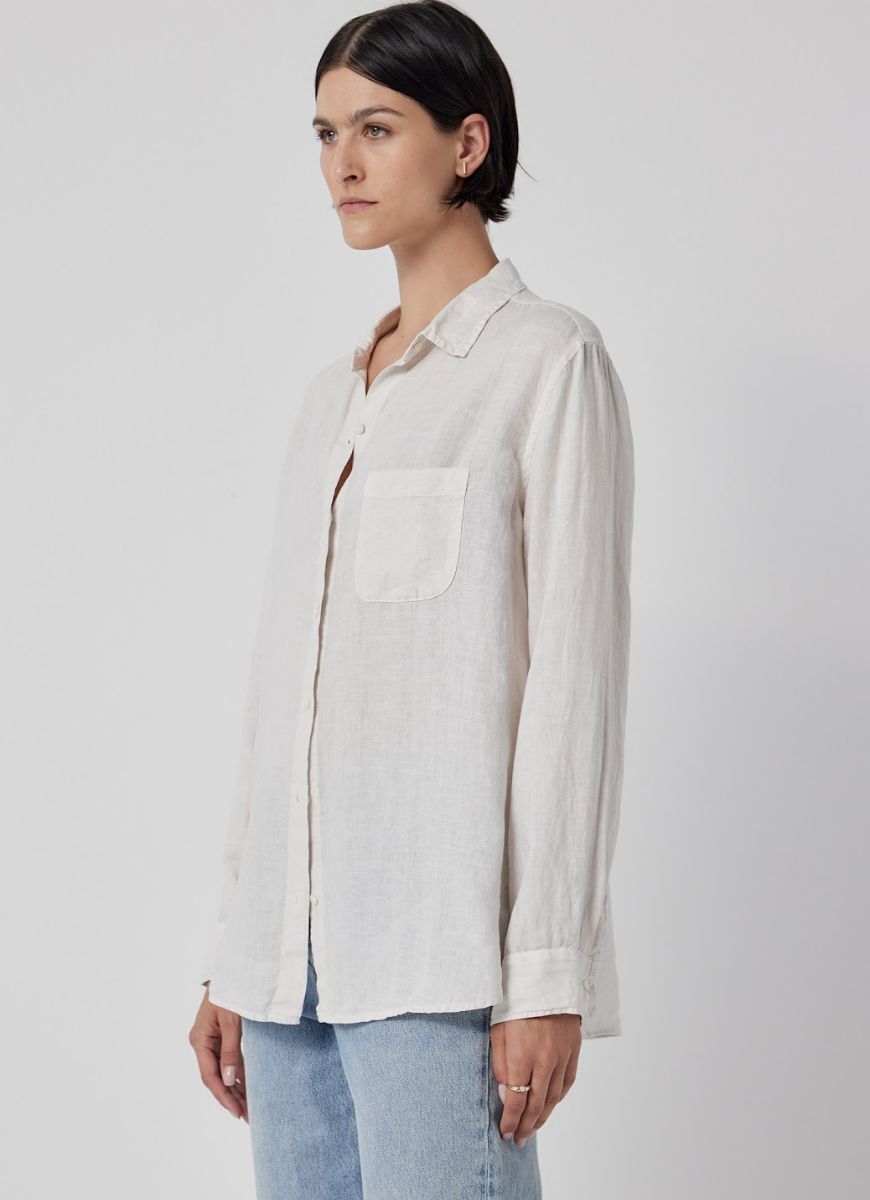 Velvet Mulholland Women's Linen Shirt in Beach Angled Side and Front View