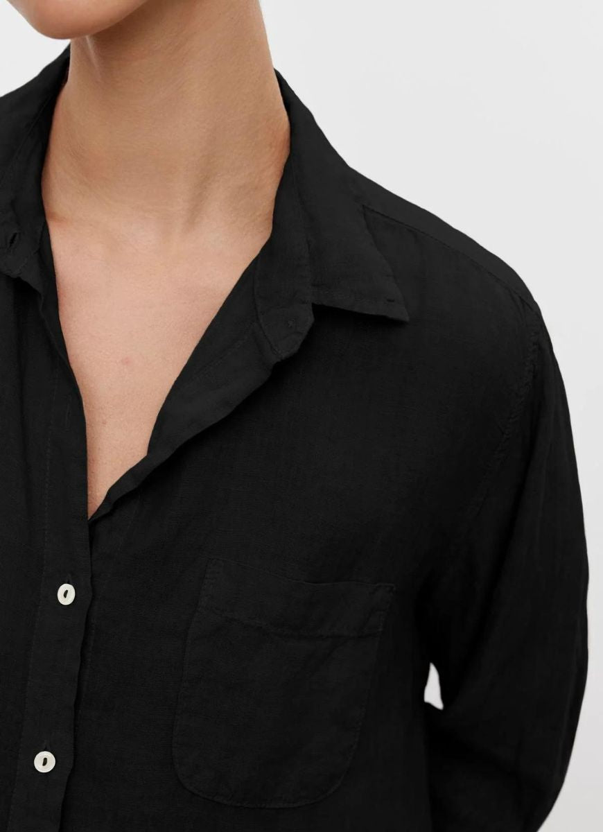 Velvet Mulholland Women's Linen Shirt in Black Close Up Front View