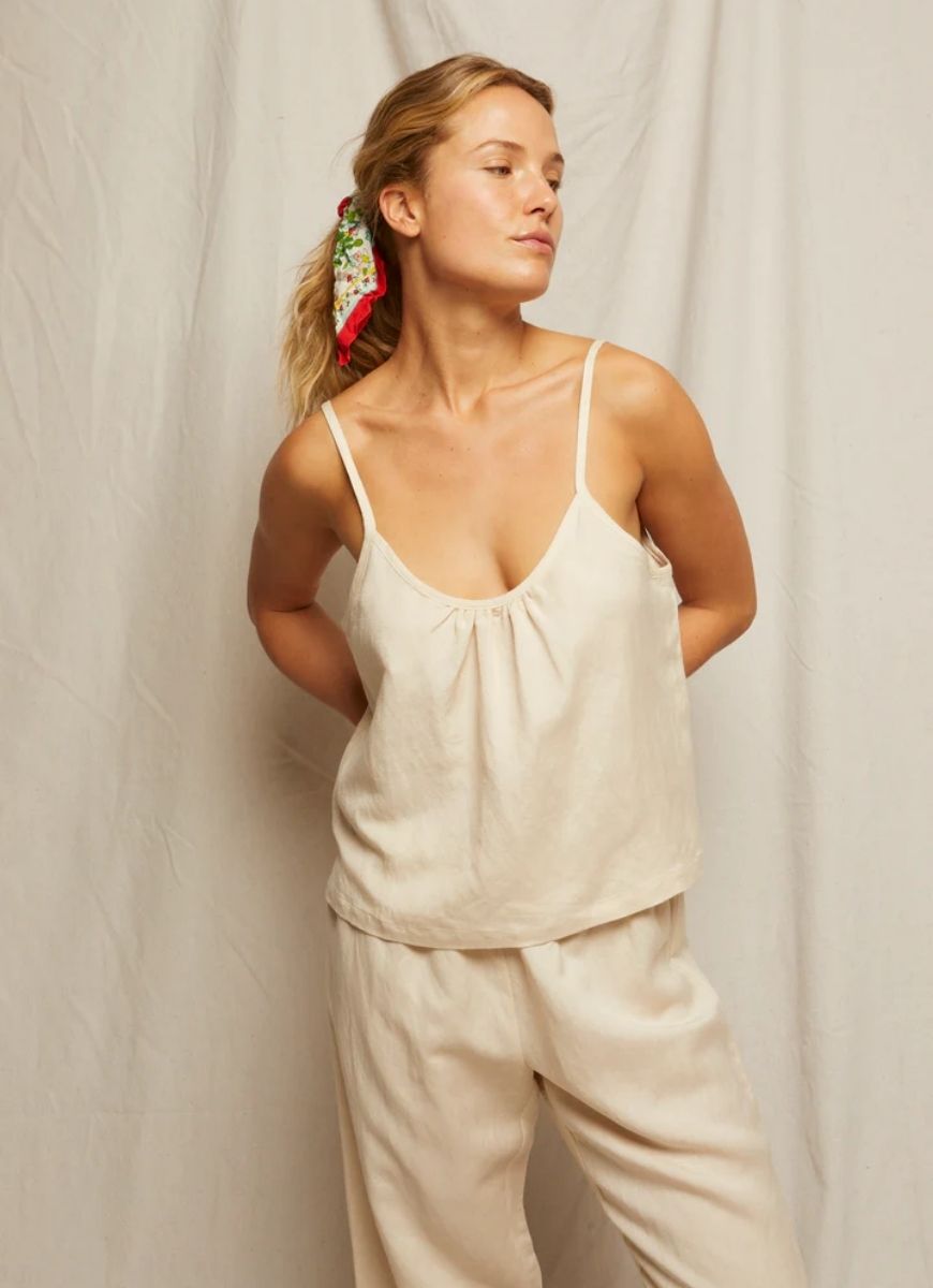 perfectwhitetee Paulette Woven Linen Tank in Sugar Front View