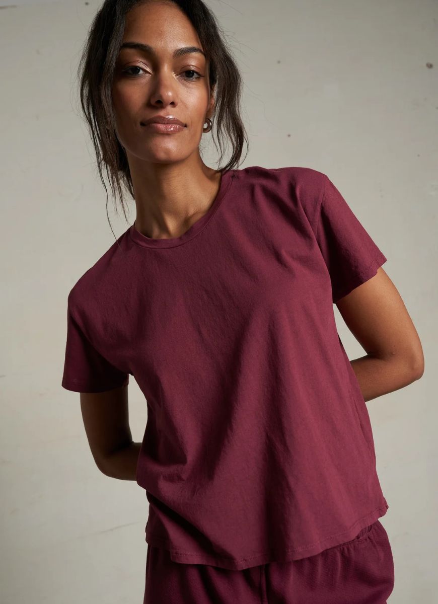 perfectwhitetee Harley Crew Tee in Dark Burgundy