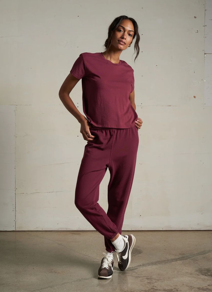 perfectwhitetee Harley Crew Tee in Dark Burgundy Full Length Front View