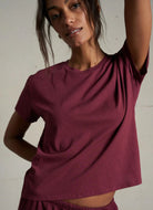 perfectwhitetee Harley Crew Tee in Dark Burgundy Close Up Front View