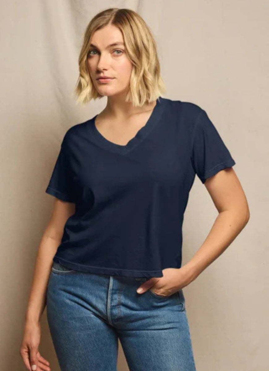 perfectwhitetee Hendrix V Neck Tee in Navy Alternate Front View