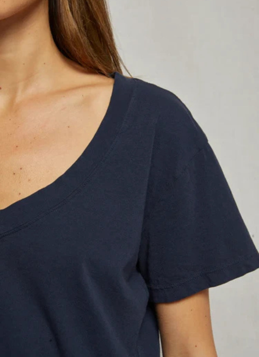 perfectwhitetee Hendrix V Neck Tee in Navy Close Up Front View of Neckline