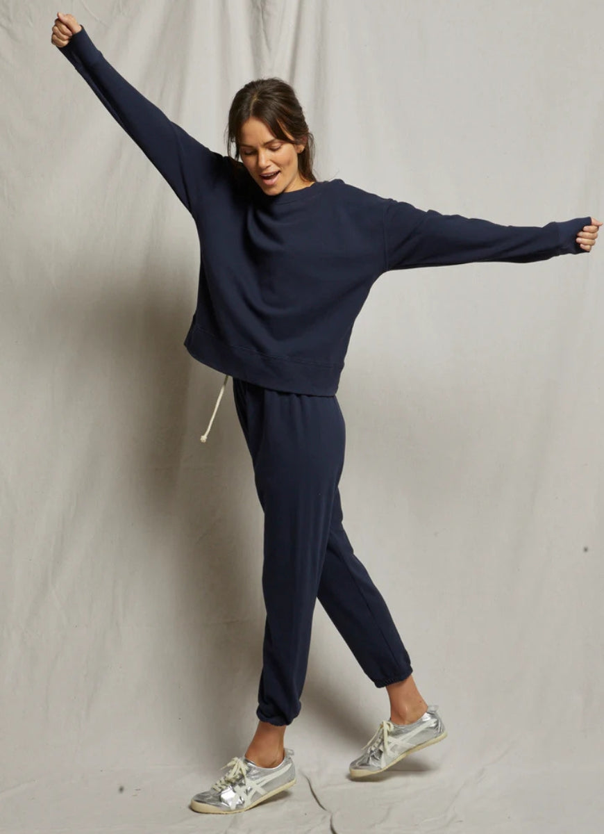 Perfect White Tee Johnny French Terry Sweatpant in Navy Full Length Side View