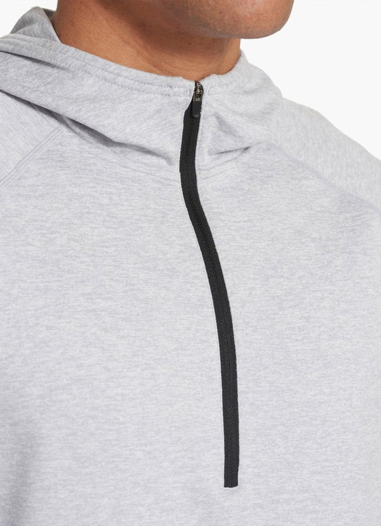 vuori Men's Ponto Performance 1/2 Zip Hoodie in Platinum Heather Close Up Front View of Half Zipper