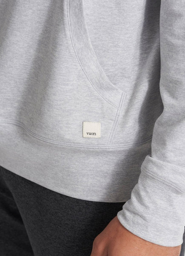 vuori Men's Ponto Performance 1/2 Zip Hoodie in Platinum Heather Close Up Bottom Cuff View of Logo