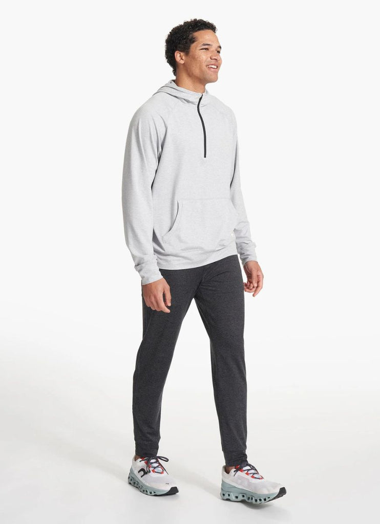 vuori Men's Ponto Performance 1/2 Zip Hoodie in Platinum Heather Full Model Side View