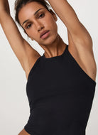 Vuori Women's Pose Plyo Tank Top in Black Close Up Front View