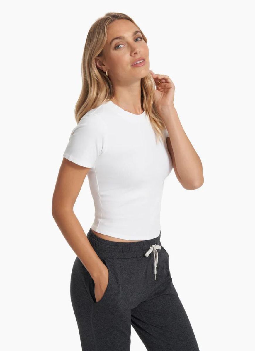 Vuori Women's Pose Fitted Tee in White Side View