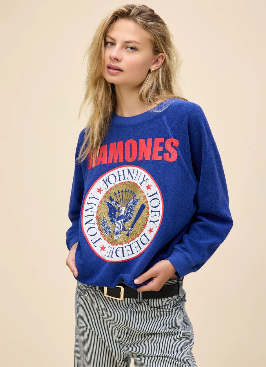 DAYDREAMER Ramones Gold Seal Reverse Crew Sweatshirt in Blue Quartz