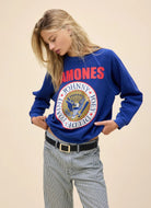 DAYDREAMER Ramones Gold Seal Reverse Crew Sweatshirt in Blue Quartz Front View