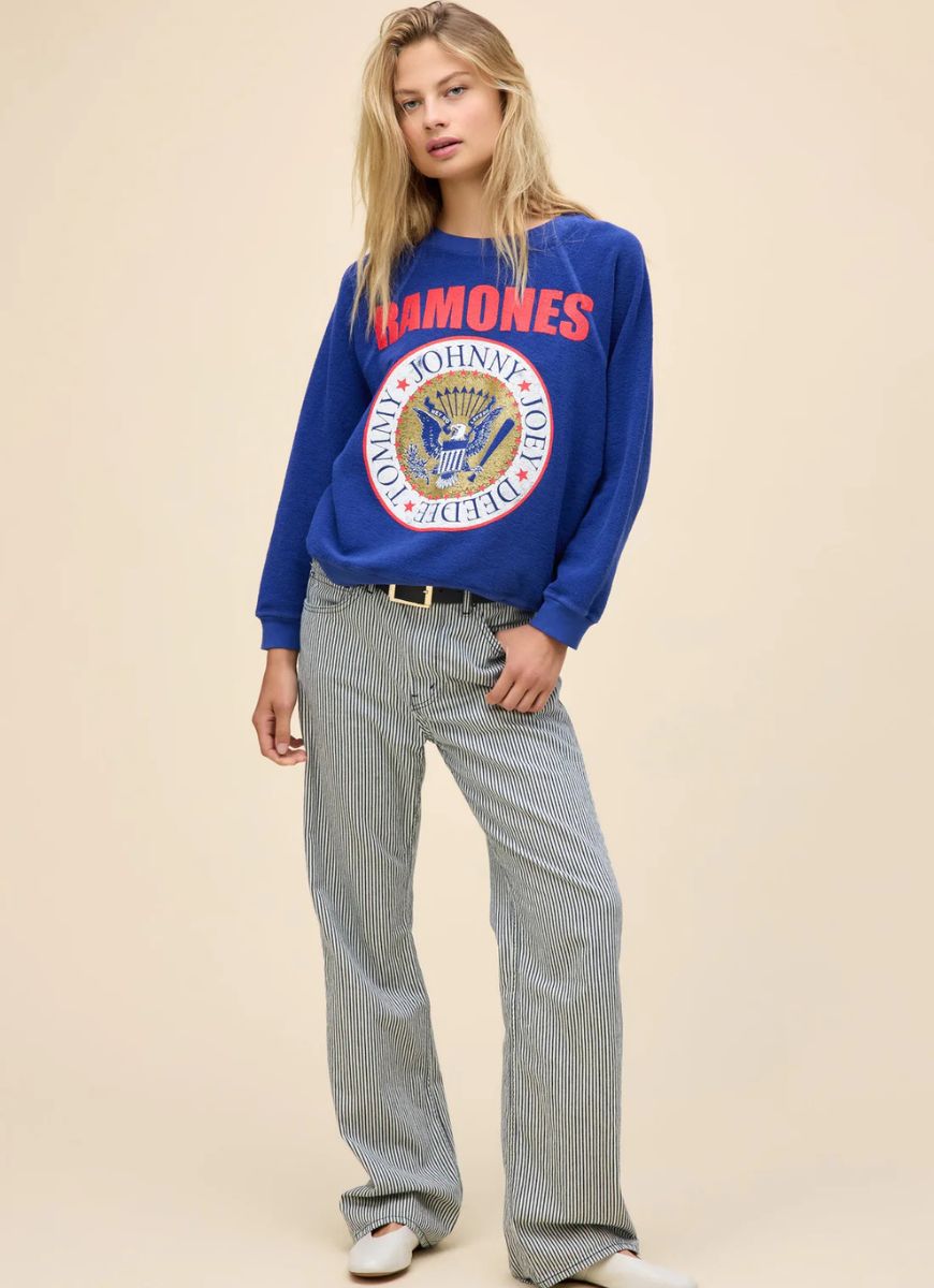 DAYDREAMER Ramones Gold Seal Reverse Crew Sweatshirt in Blue Quartz Full Length Front View