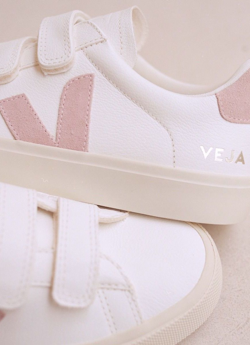 Veja Recife Women's Velcro Sneaker in White/Babe Close Up Side View of Logo