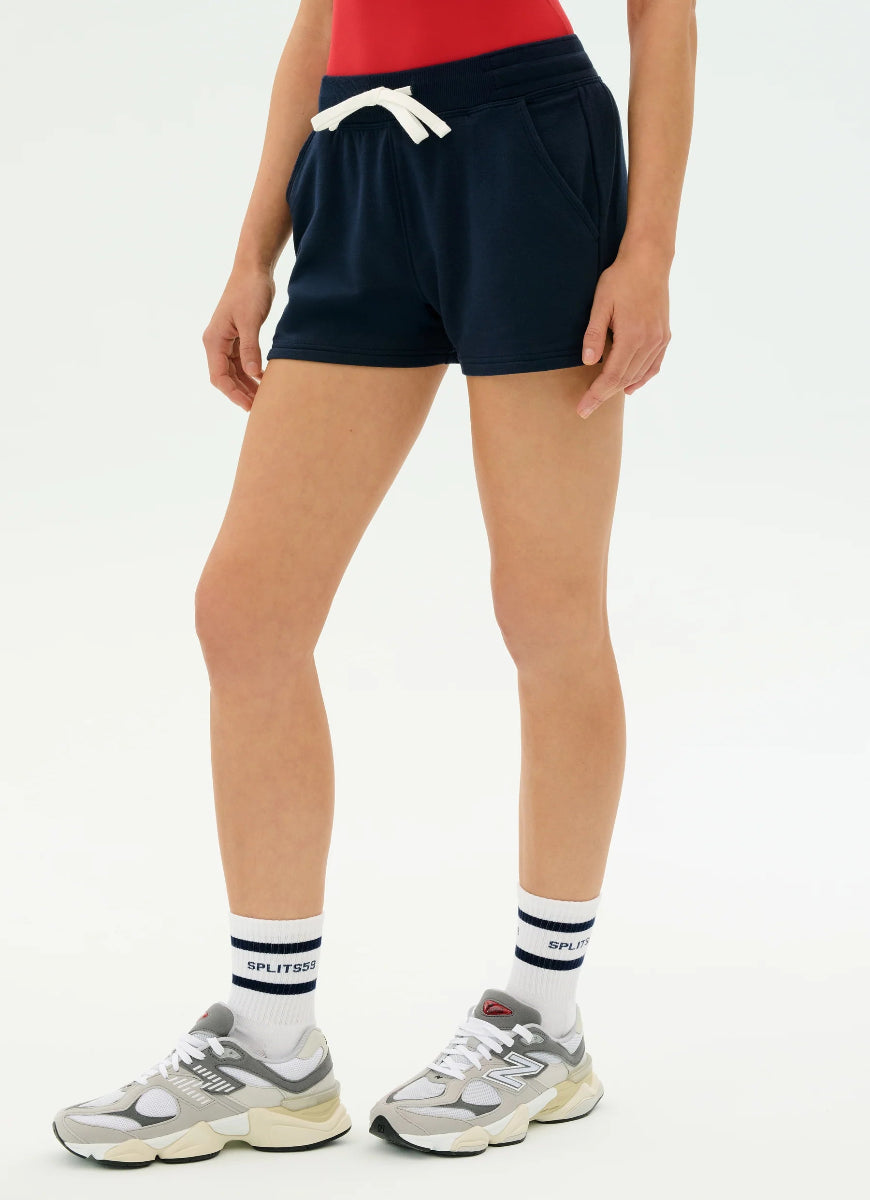 Splits59 Reena Women's Sweatshort in Indigo Angled Side and Front View